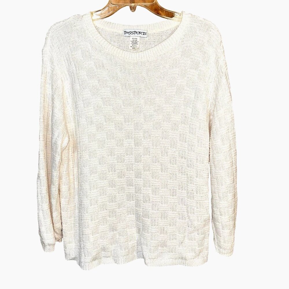 VTG Passports Basket Weave White Sweater M Soft Cotton Blend Quiet Luxury USA